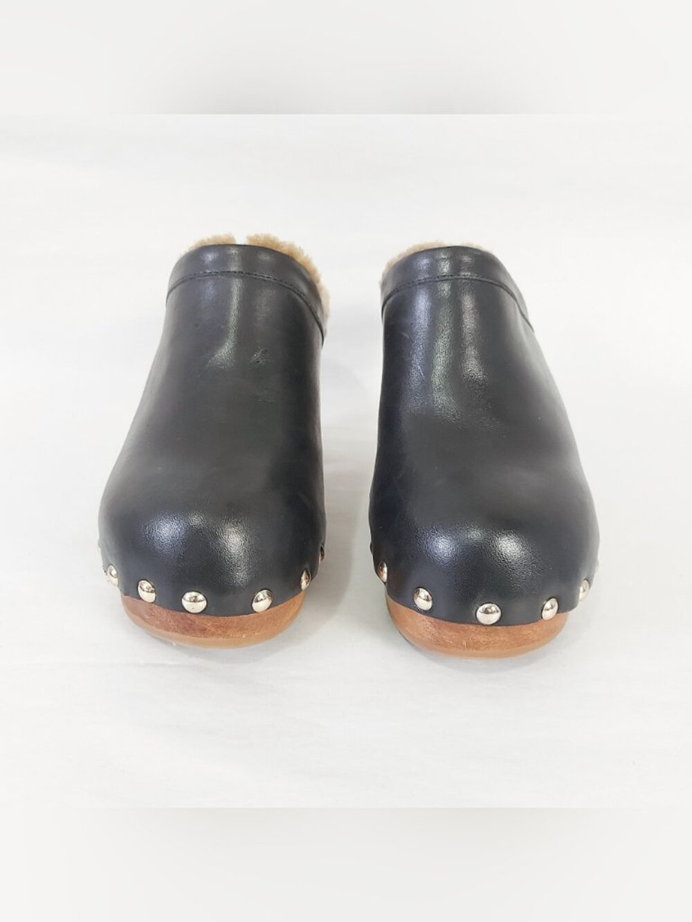 Beek Studs Chunky Cozy High Heel Woodpecker Shearling Clogs Size 7 Black Leather - Picture 5 of 11